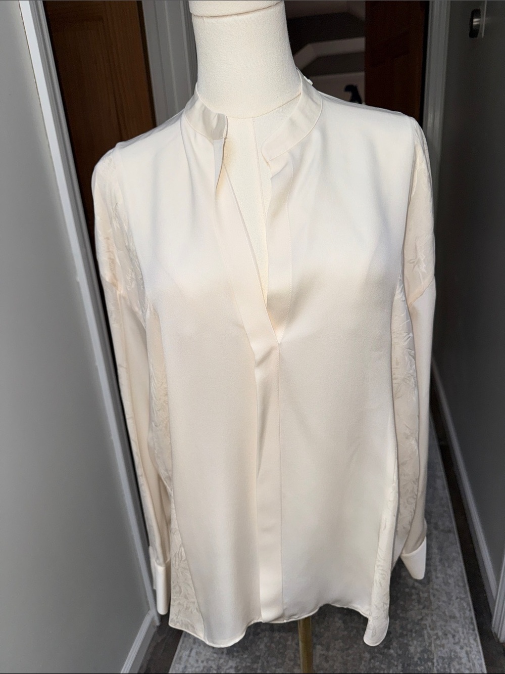 Vince matte silk band collar with textured sheer side panels in Optic White